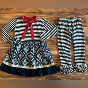 Persnickety Girls Boutique Fall Holiday Toile Dress Set Ruffle Pants 3T 2 Piece